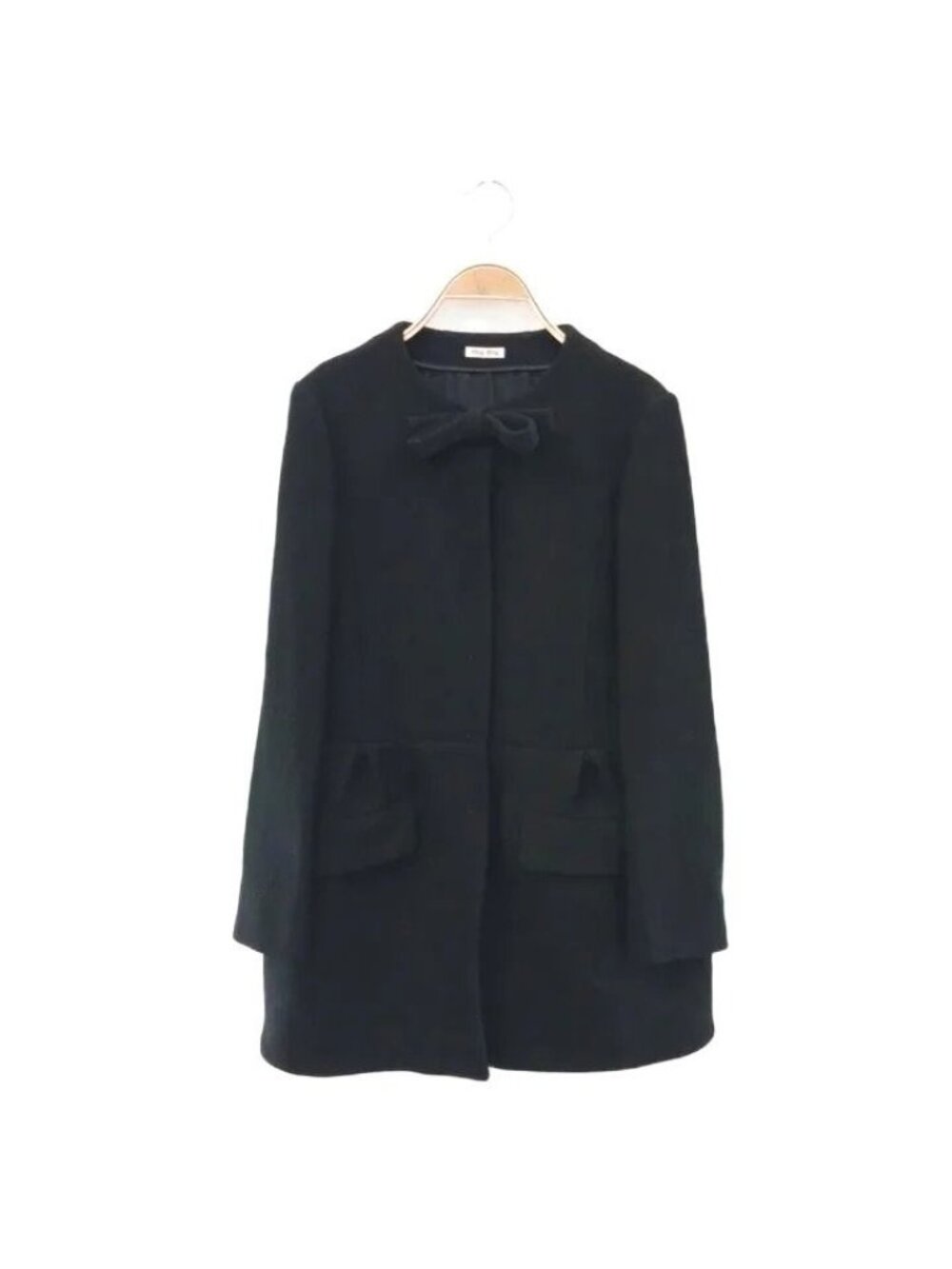 Miu Miu Woo Ribbon Collarless Coat Long Black 38